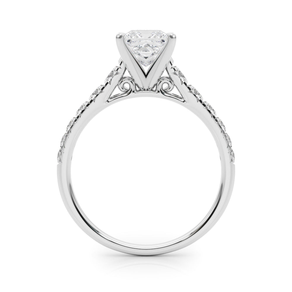 White gold Princess Cut Diamond Solitaire with Pave Band and Four-Prong Setting