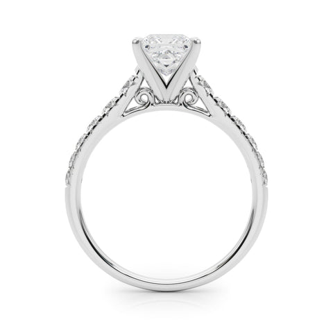 Platinum Princess Cut Diamond Solitaire with Pave Band and Four-Prong Setting