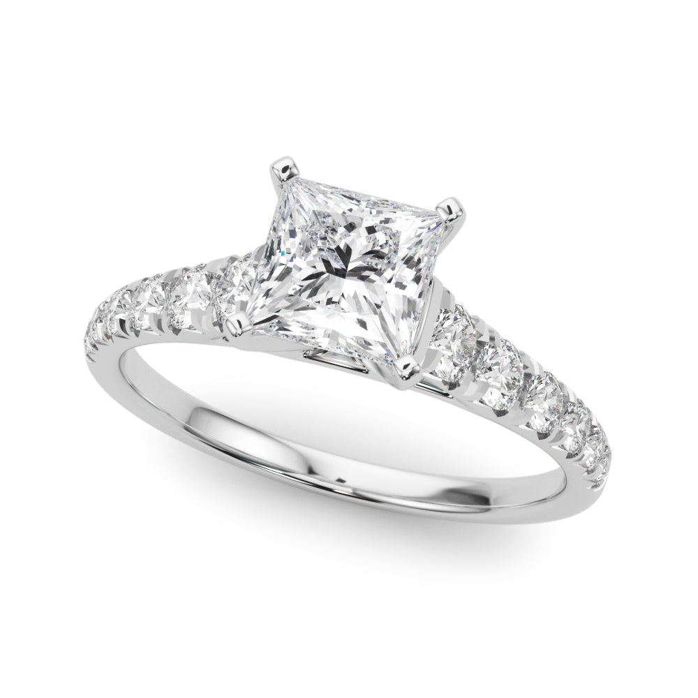 White gold Princess Cut Diamond Solitaire with Pave Band and Four-Prong Setting
