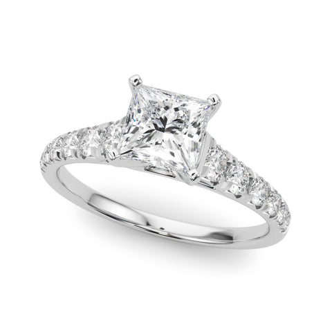 Platinum Princess Cut Diamond Solitaire with Pave Band and Four-Prong Setting