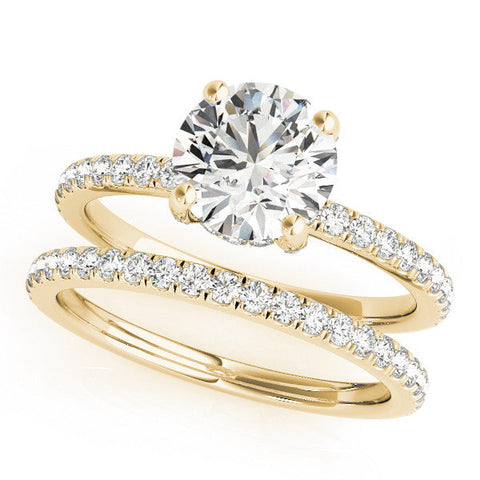 Yellow gold Round Solitaire Pave Diamond Engagement Ring with Four-Prong Setting