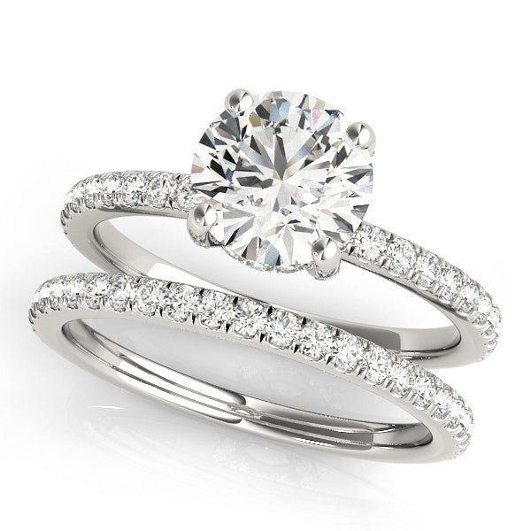 Platinum Round Solitaire Pave Diamond Engagement Ring with Four-Prong Setting