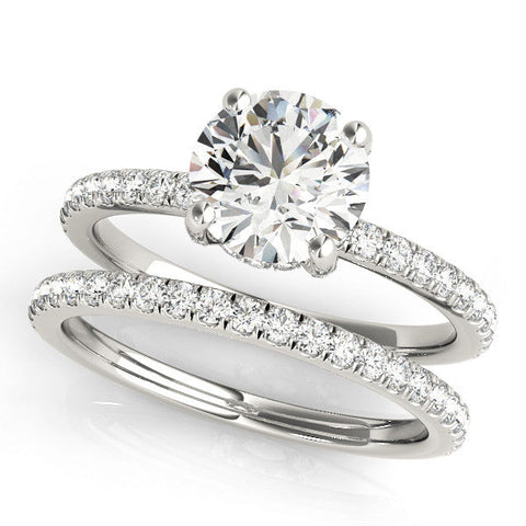 Silver Round Solitaire Pave Diamond Engagement Ring with Four-Prong Setting