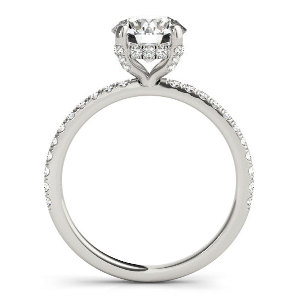 Silver Round Solitaire Pave Diamond Engagement Ring with Four-Prong Setting