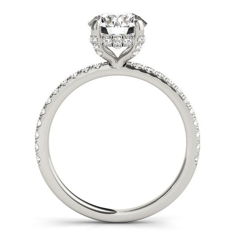 Silver Round Solitaire Pave Diamond Engagement Ring with Four-Prong Setting