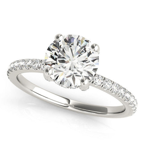 Silver Round Solitaire Pave Diamond Engagement Ring with Four-Prong Setting