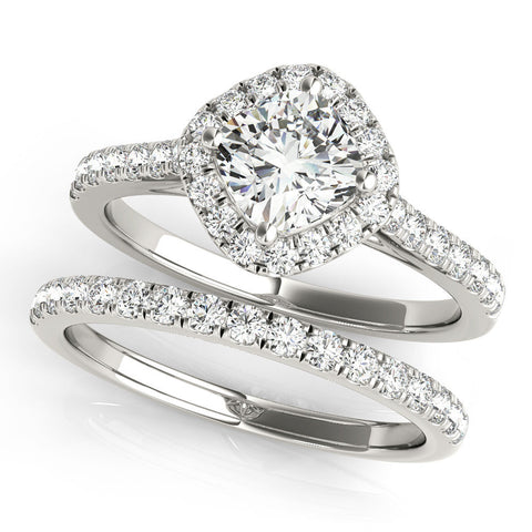 White gold Cushion Halo Diamond Engagement Ring with Pave Band and Four-Prong Setting
