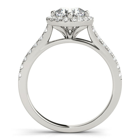 White gold Cushion Halo Diamond Engagement Ring with Pave Band and Four-Prong Setting