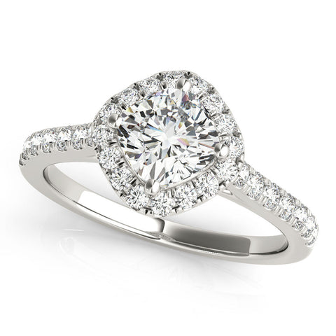 Platinum Cushion Halo Diamond Engagement Ring with Pave Band and Four-Prong Setting