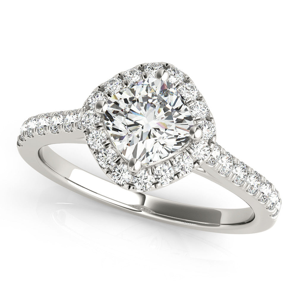 White gold Cushion Halo Diamond Engagement Ring with Pave Band and Four-Prong Setting