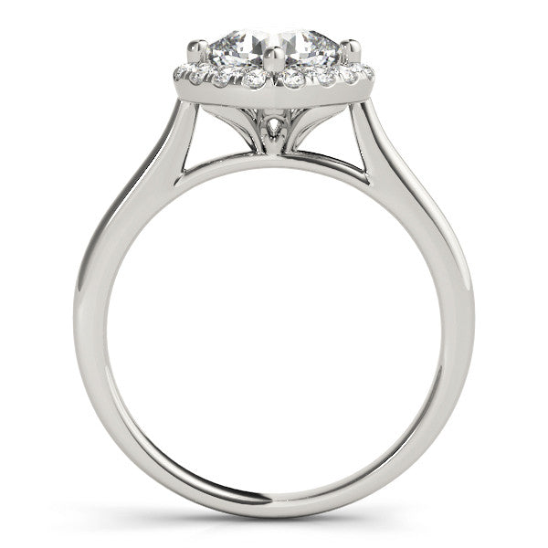 Silver Cushion Halo Round Diamond Solitaire Engagement Ring with Pave Band and Four-Prong Setting