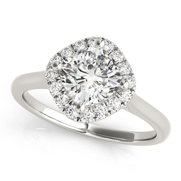 Platinum Cushion Halo Round Diamond Solitaire Engagement Ring with Pave Band and Four-Prong Setting