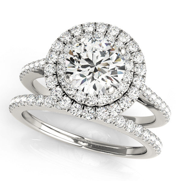 Silver Double Halo Round Diamond Pavé Band Prong Setting Ring