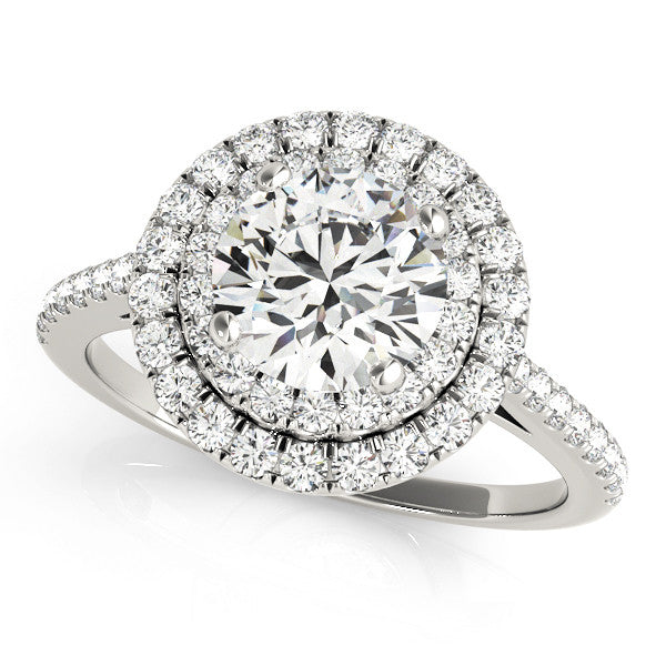 Platinum Double Halo Round Diamond Pavé Band Prong Setting Ring