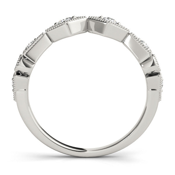 White gold Milgrain Diamond Geometric Stackable Band with Round Cut Stones and Bezel Setting