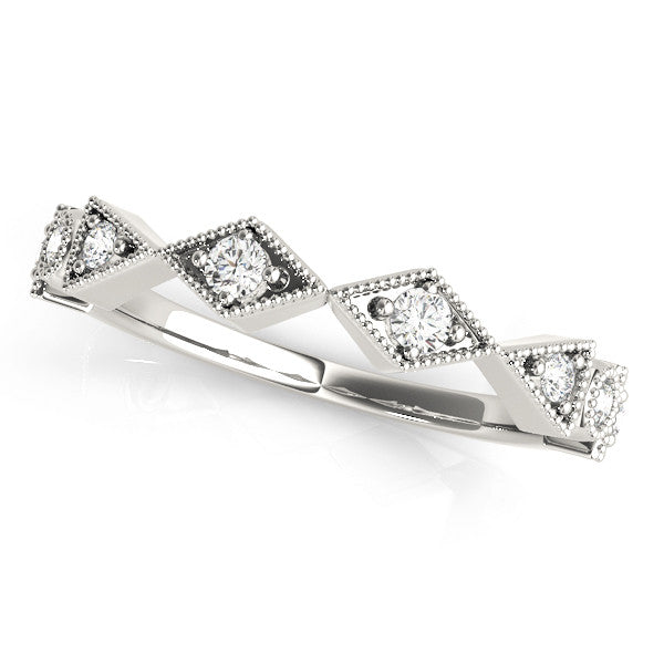 Silver Milgrain Diamond Geometric Stackable Band with Round Cut Stones and Bezel Setting