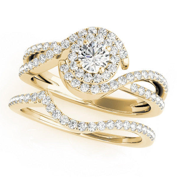 Yellow gold Round Halo Twist Band Solitaire Prong Setting