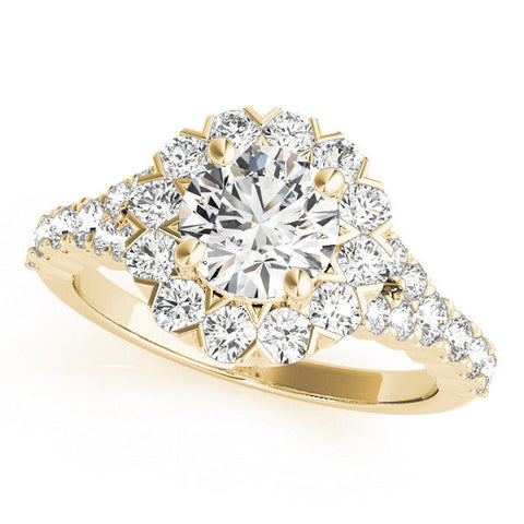 Yellow gold Round Halo Diamond Engagement Ring with Pave Band and Four-Prong Setting