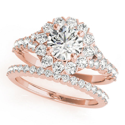 Rose gold Round Halo Diamond Engagement Ring with Pave Band and Four-Prong Setting