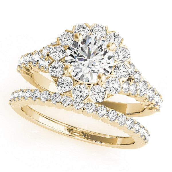 Yellow gold Round Halo Diamond Engagement Ring with Pave Band and Four-Prong Setting