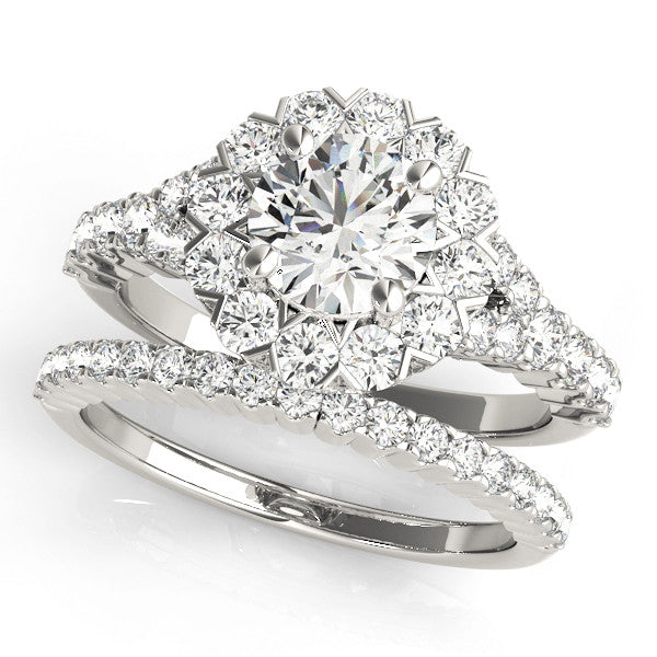Silver Round Halo Diamond Engagement Ring with Pave Band and Four-Prong Setting