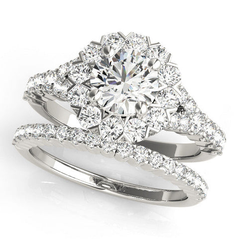 Silver Round Halo Diamond Engagement Ring with Pave Band and Four-Prong Setting