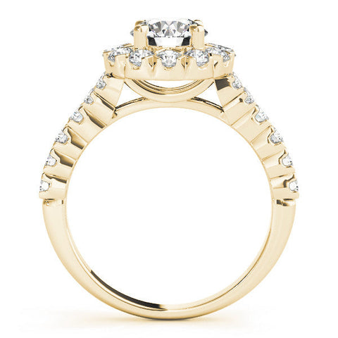 Yellow gold Round Halo Diamond Engagement Ring with Pave Band and Four-Prong Setting