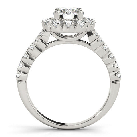 White gold Round Halo Diamond Engagement Ring with Pave Band and Four-Prong Setting