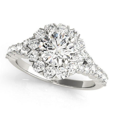 Silver Round Halo Diamond Engagement Ring with Pave Band and Four-Prong Setting