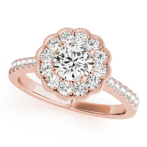 Rose gold Round Cut Halo Diamond Engagement Ring with Pavé Band and Four-Prong Setting