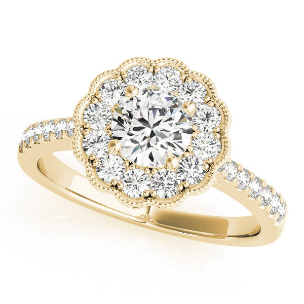 Yellow gold Round Cut Halo Diamond Engagement Ring with Pavé Band and Four-Prong Setting