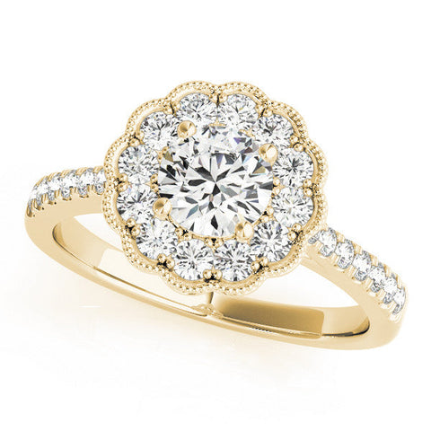 Yellow gold Round Cut Halo Diamond Engagement Ring with Pavé Band and Four-Prong Setting