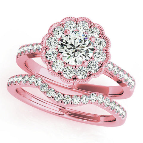 Rose gold Round Cut Halo Diamond Engagement Ring with Pavé Band and Four-Prong Setting