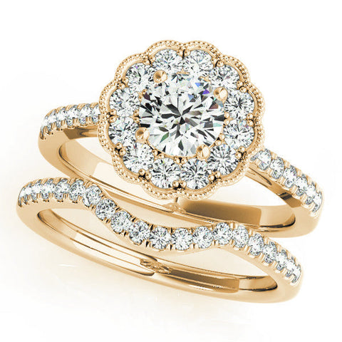 Yellow gold Round Cut Halo Diamond Engagement Ring with Pavé Band and Four-Prong Setting