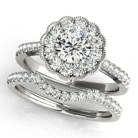 Silver Round Cut Halo Diamond Engagement Ring with Pavé Band and Four-Prong Setting