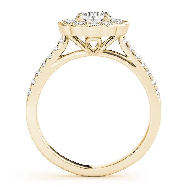 Yellow gold Round Cut Halo Diamond Engagement Ring with Pavé Band and Four-Prong Setting