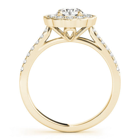 Yellow gold Round Cut Halo Diamond Engagement Ring with Pavé Band and Four-Prong Setting