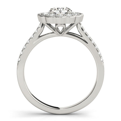 Platinum Round Cut Halo Diamond Engagement Ring with Pavé Band and Four-Prong Setting
