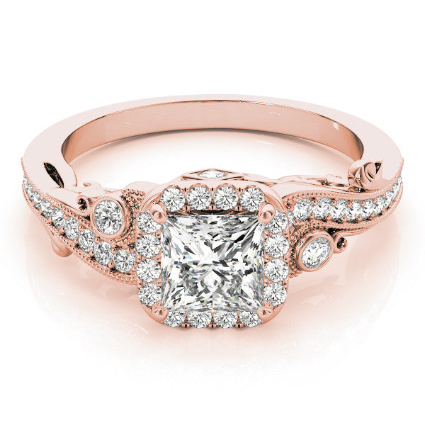 Rose gold Princess Cut Halo Diamond Ring with Milgrain Pave Band and Four-Prong Setting