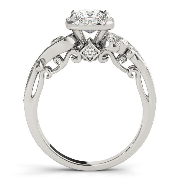 Silver Princess Cut Halo Diamond Ring with Milgrain Pave Band and Four-Prong Setting