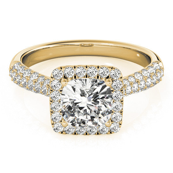Yellow gold Cushion Halo Pave Band Prong Setting Ring