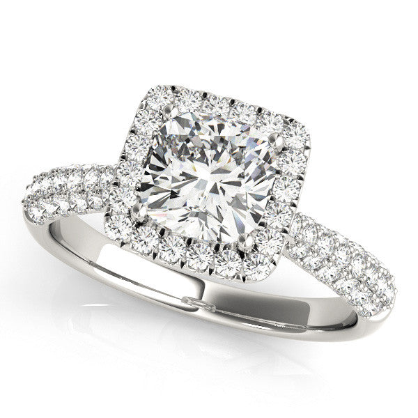Platinum Cushion Halo Pave Band Prong Setting Ring