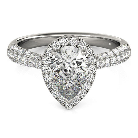 Platinum Pear Halo Diamond Ring with Pave Band and Prong Setting