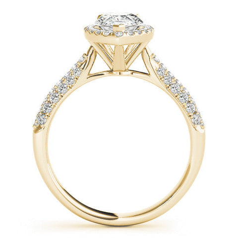 Yellow gold Pear Halo Diamond Ring with Pave Band and Prong Setting
