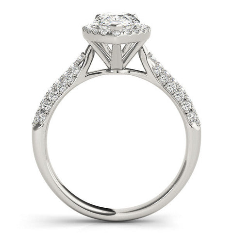 Platinum Pear Halo Diamond Ring with Pave Band and Prong Setting