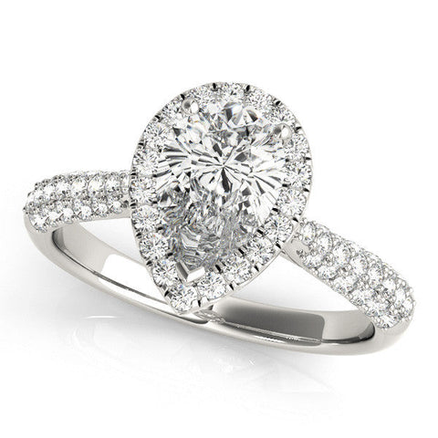 Platinum Pear Halo Diamond Ring with Pave Band and Prong Setting