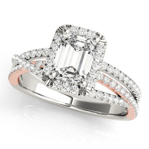 Rose gold Emerald Cut Halo Split Shank Prong Setting Ring
