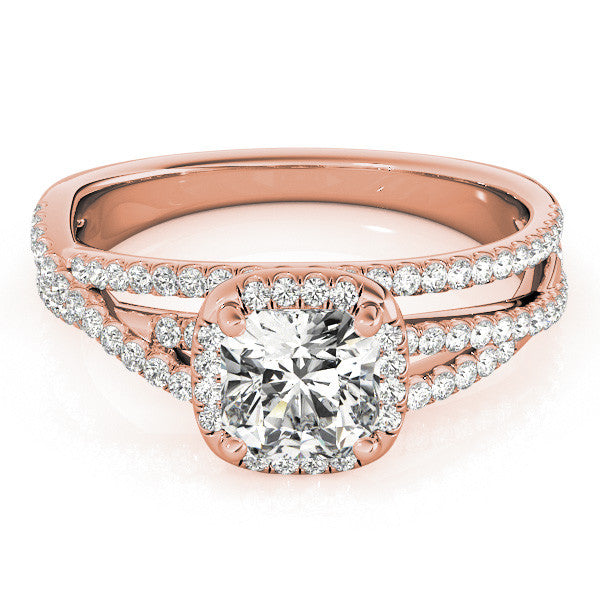 Rose gold Cushion Cut Halo Split Shank Diamond Ring with Four-Prong Setting