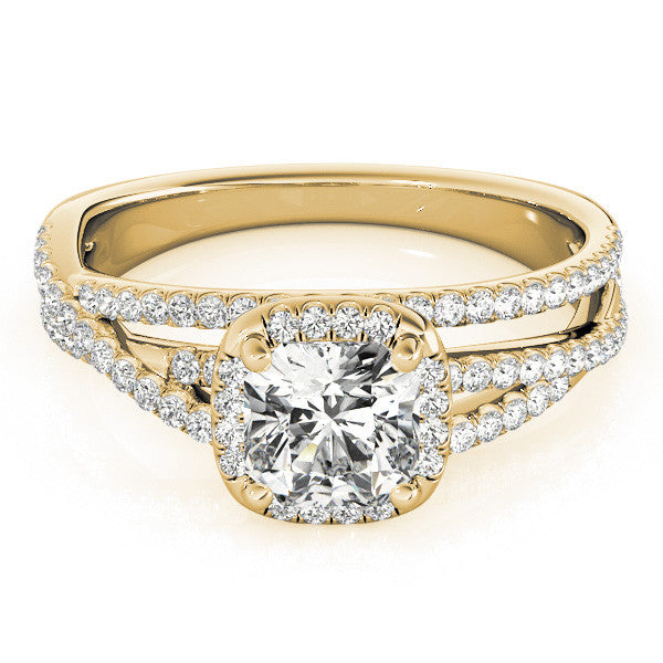 Yellow gold Cushion Cut Halo Split Shank Diamond Ring with Four-Prong Setting