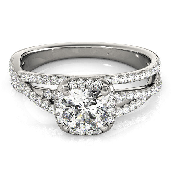 Silver Cushion Cut Halo Split Shank Diamond Ring with Four-Prong Setting